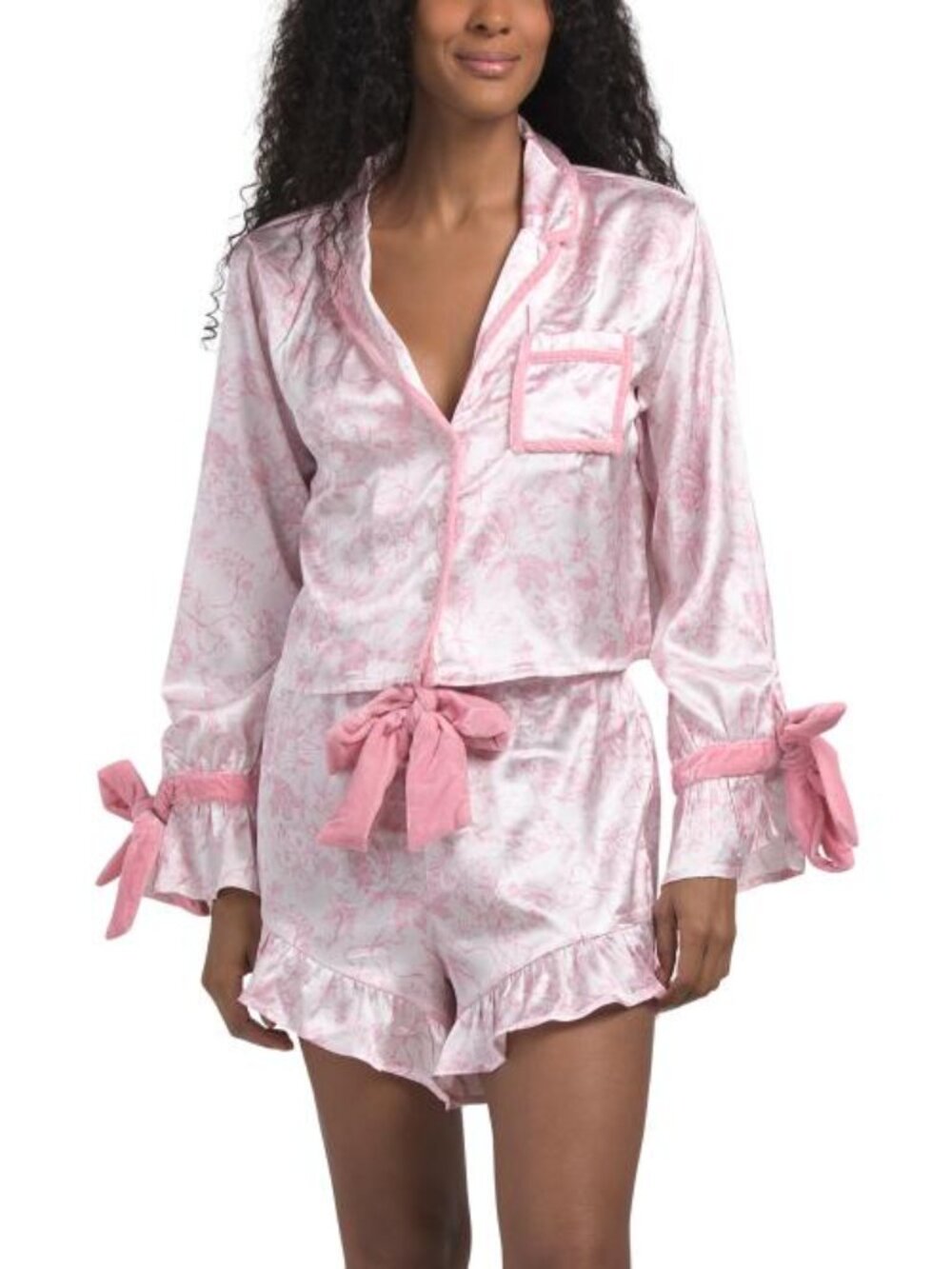 8 OAK LANE 2pc Long Sleeve Satin Ruffle Bow Print Top And Shorts Pajama Set